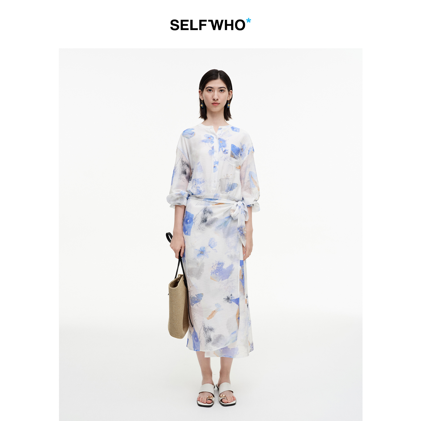 SELFWHO绿绒蒿系列莱赛尔混纺印花连衣裙女2025秋新款绑带衬衫裙