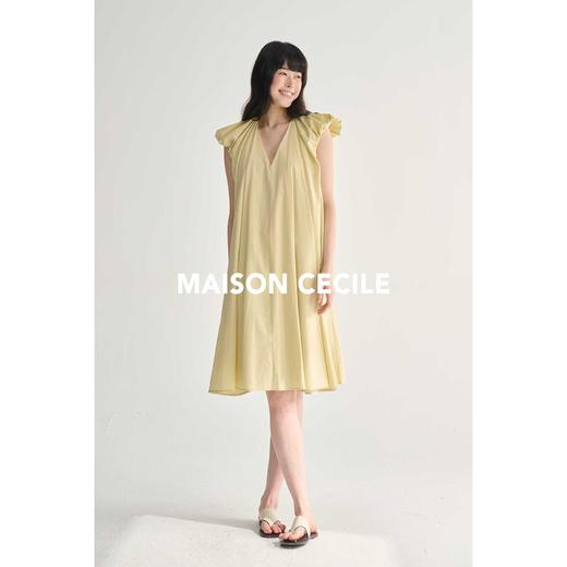 MAISON CECILE三色/复古法式V领设计感压褶双层飞飞袖A字连衣裙 商品图3