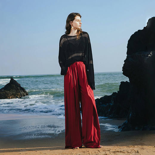 初语褶皱肌理山本裤女松紧腰宽松阔腿慵懒感休闲裤 商品图3