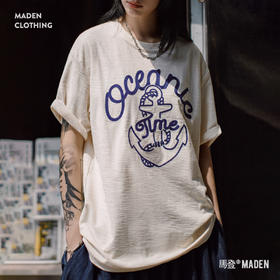 马登美式复古海军刺绣T恤白色重磅竹节棉螺纹领口短袖女夏季上衣