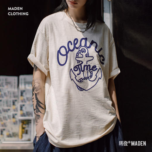 马登美式复古海军刺绣T恤白色重磅竹节棉螺纹领口短袖女夏季上衣 商品图0