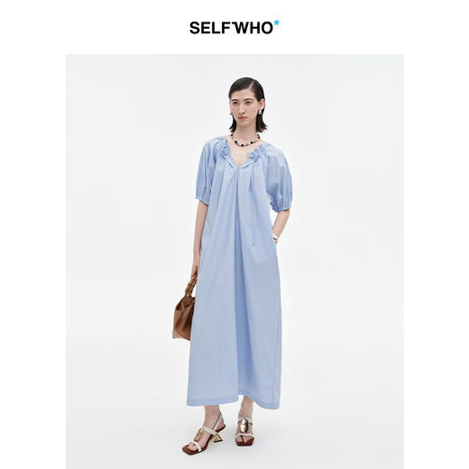 SELFWHO莱赛尔棉混纺泡泡袖连衣裙女2025夏新款淡人穿搭抽褶长裙 商品图3