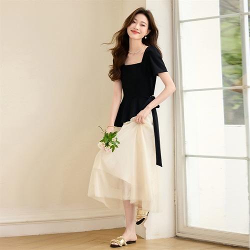 新款洋气ins风仙女裙网纱拼接方领设计荷叶边针织假两件连衣裙YBER280 商品图4