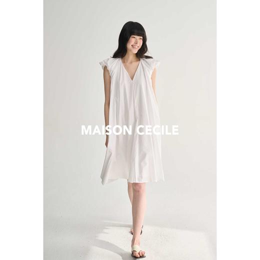 MAISON CECILE三色/复古法式V领设计感压褶双层飞飞袖A字连衣裙 商品图4