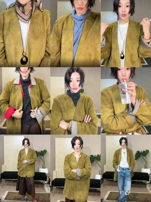 HIDEMI 橄榄姜绿进口长绒绵羊皮麂皮皮衣v领大廓形垫肩西装 商品图2