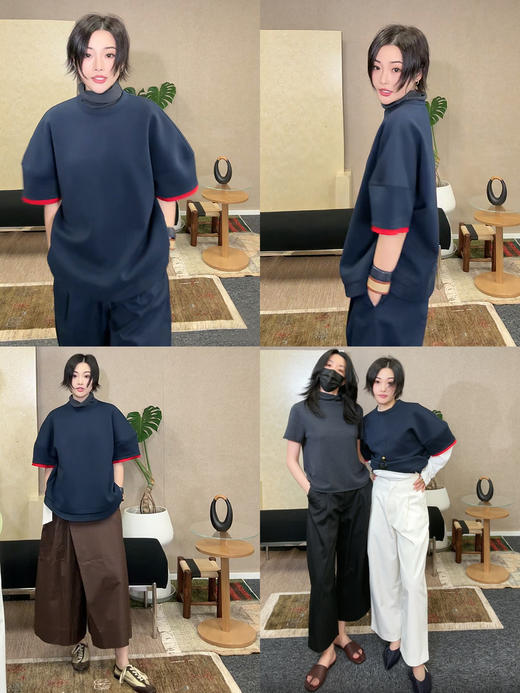 HIDEMI 极简进口棉空气层纱线廓形袖撞色拼接藏蓝色圆领短袖卫衣t恤上衣 商品图1