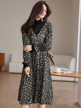 【诗铭洛可】XC774连衣裙假两件木耳边长袖撞色裙A1-2