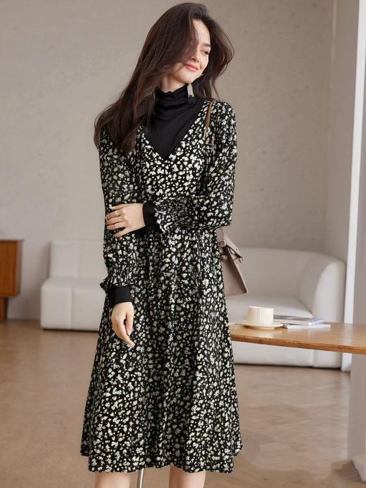 【诗铭洛可】XC774连衣裙假两件木耳边长袖撞色裙A1-2 商品图0