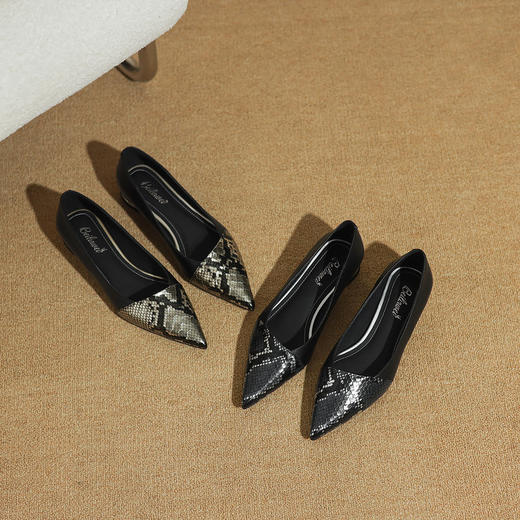 【预售5天】法式时尚单鞋女低跟蛇纹头层牛皮拼色尖头中跟鞋ZF&25159 商品图4