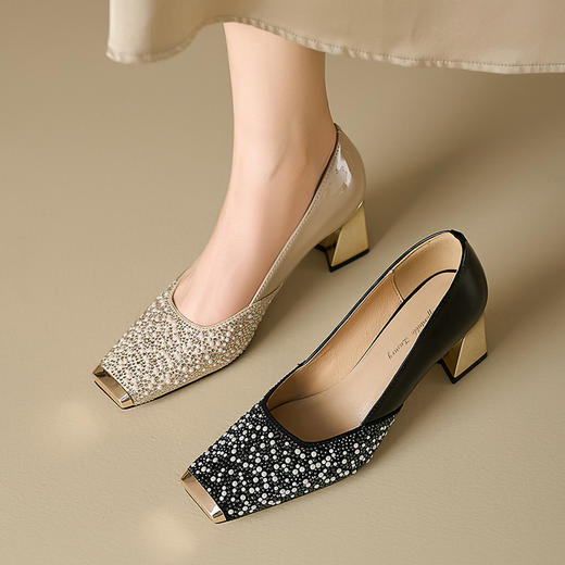 【预售5天】法式优雅水钻浅口玛丽珍单鞋通勤气质防踢金属方头6cm粗高跟鞋女MBJR&A758 商品图0