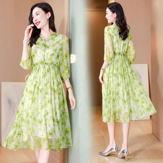 印花气质百搭时尚真丝连衣裙V领系带裙子25010 商品图0
