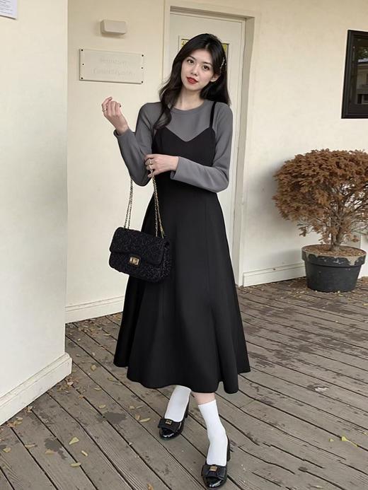 双十二福利！【诗铭洛可】（加绒款）W707长款连衣裙灰拼黑长款裙 商品图2