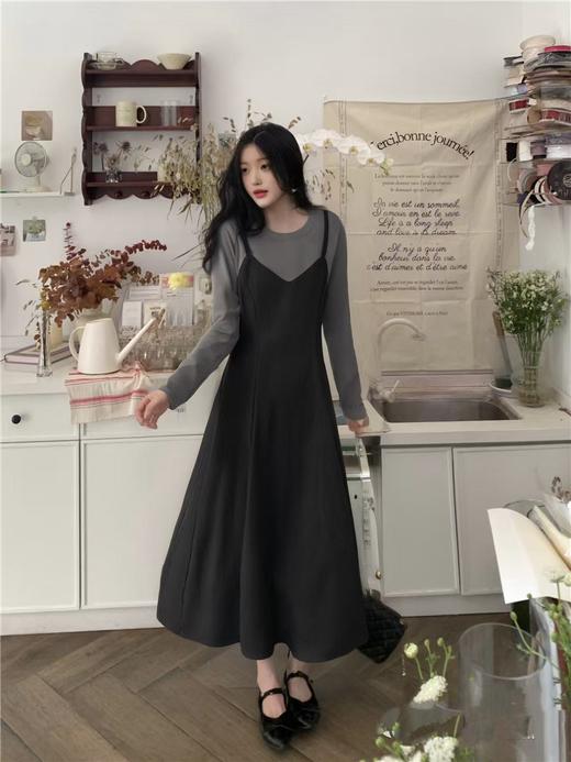 双十二福利！【诗铭洛可】（加绒款）W707长款连衣裙灰拼黑长款裙 商品图0