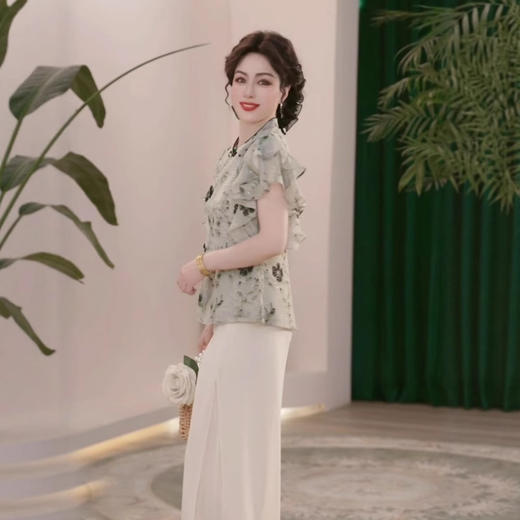 DL-CZL623国风立领小衫两件套夏款妈妈装C时尚复古小鹿印花洋气T恤女士套装 商品图2