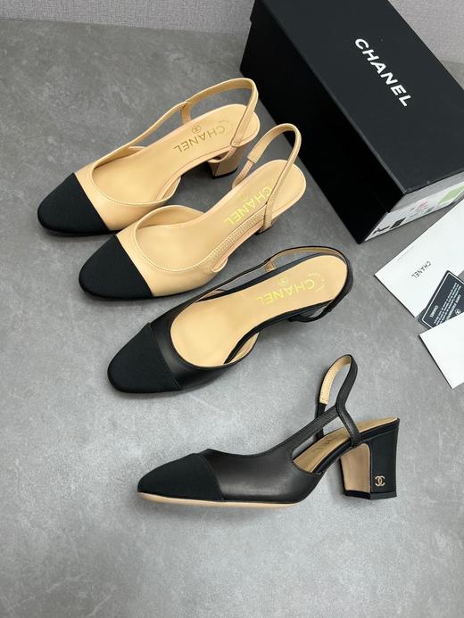 小香家新款小香风凉鞋女粗跟包头高跟真皮凉鞋侧空浅口拼色女鞋 商品图0