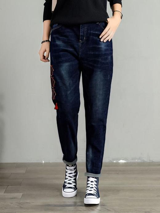 【诗铭洛可】0081刺绣复古流苏弹力牛仔锥子裤A6-1 商品图1