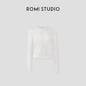 ROMI STUDIO 亚麻长绒棉轻薄空气感白色圆领长袖针织衫RWBRSZ1765