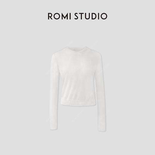 ROMI STUDIO 亚麻长绒棉轻薄空气感白色圆领长袖针织衫RWBRSZ1765 商品图0