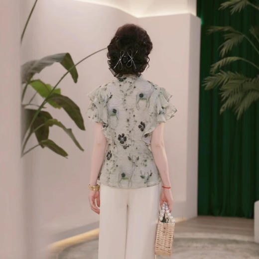 DL-CZL623国风立领小衫两件套夏款妈妈装C时尚复古小鹿印花洋气T恤女士套装 商品图3