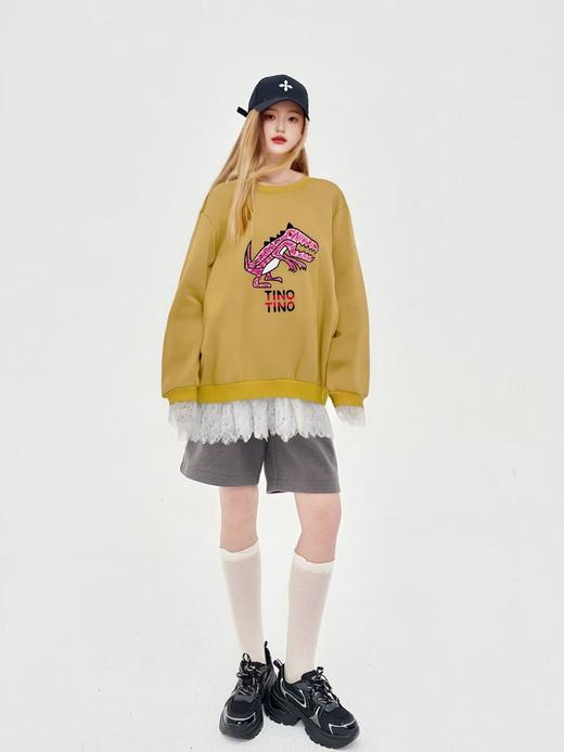 【诗铭洛可】（加绒）QS872恐龙卫衣拼蕾丝中长卫衣A4-2 商品图0