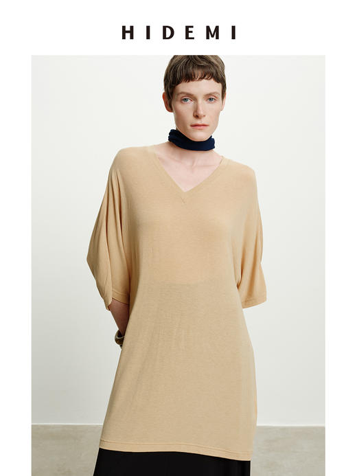 HIDEMI度假系列极简慵懒v领大廓形中长款T恤裙 商品图5