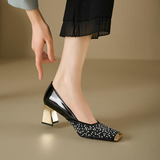 【预售5天】法式优雅水钻浅口玛丽珍单鞋通勤气质防踢金属方头6cm粗高跟鞋女MBJR&A758 商品图3