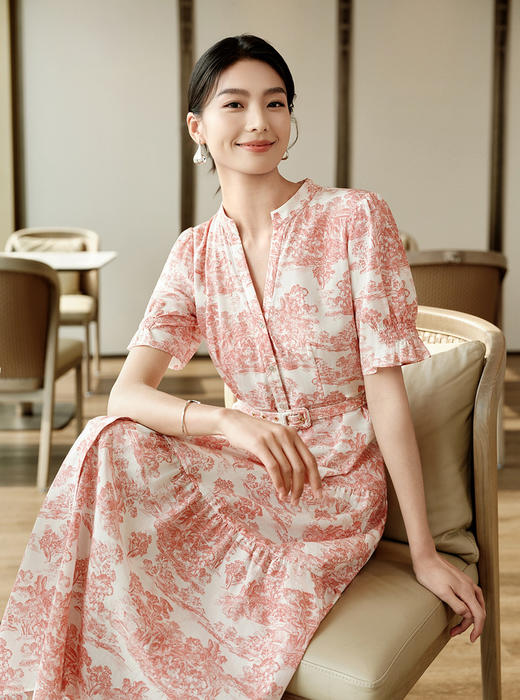 D家复古印花收腰法式知性丝棉连衣裙 商品图4