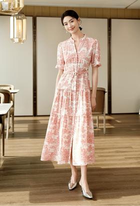 D家复古印花收腰法式知性丝棉连衣裙