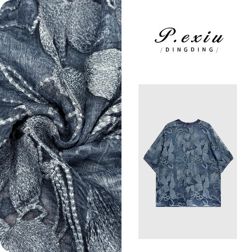 03-4潘依绣丁丁宠粉【蓝花楹】100%桑蚕丝高级感绣花短袖衬衫J505585 商品图0