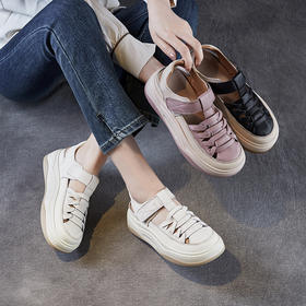 真皮休闲包头罗马凉鞋，镂空透气魔术贴厚底增高外穿单鞋ZM258522