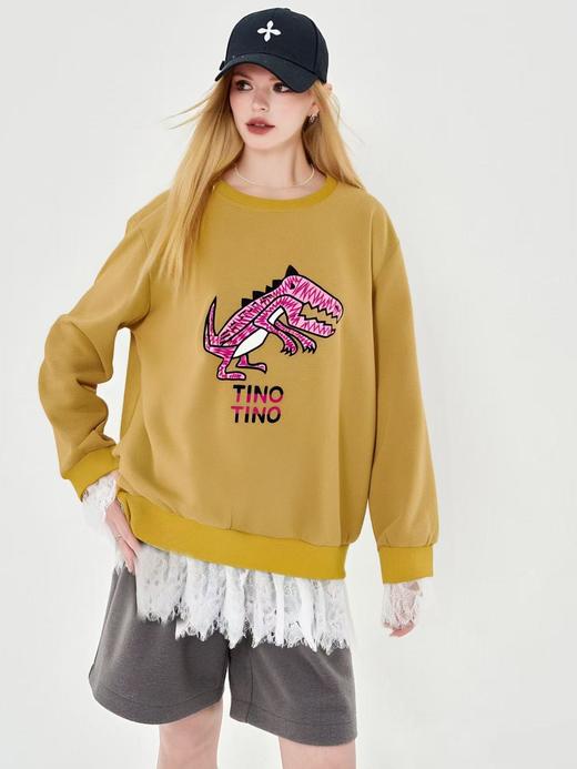 【诗铭洛可】（加绒）QS872恐龙卫衣拼蕾丝中长卫衣A4-2 商品图3