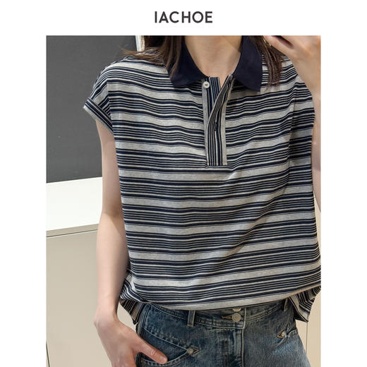 棉仓3631501021-IACHOE条纹翻领T恤 商品图2