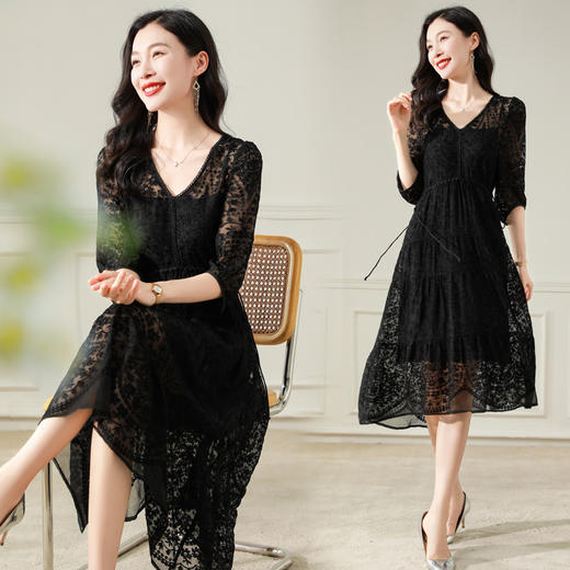 真丝短袖连衣裙高端设计感绣花温柔风优雅连衣裙8221 商品图1