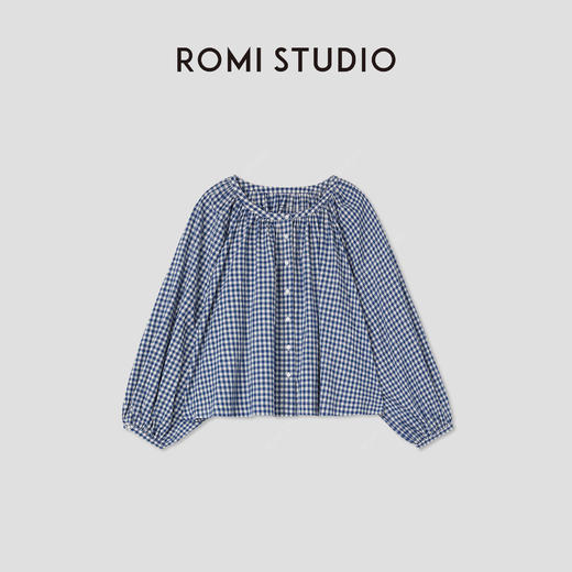 ROMI STUDIO“法式慵懒”蓝白格纹轻薄宽松圆领长袖衬衫 RWCRS64423 商品图8