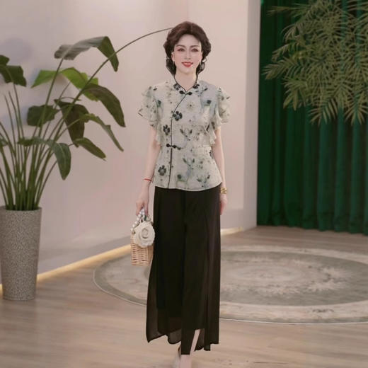 DL-CZL623国风立领小衫两件套夏款妈妈装C时尚复古小鹿印花洋气T恤女士套装 商品图1