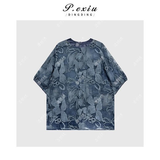 03-4潘依绣丁丁宠粉【蓝花楹】100%桑蚕丝高级感绣花短袖衬衫J505585 商品图1