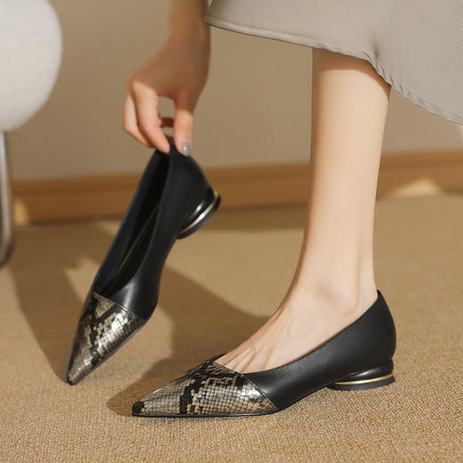 【预售5天】法式时尚单鞋女低跟蛇纹头层牛皮拼色尖头中跟鞋ZF&25159 商品图0