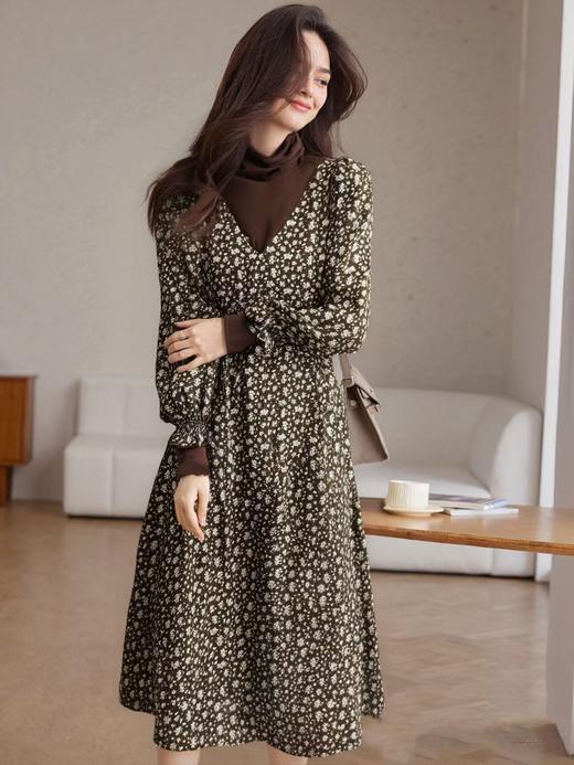 【诗铭洛可】XC774连衣裙假两件木耳边长袖撞色裙A1-2 商品图1