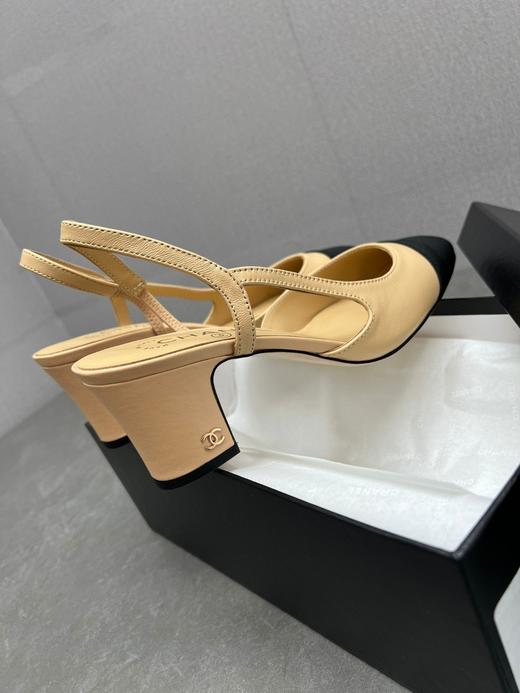 小香家新款小香风凉鞋女粗跟包头高跟真皮凉鞋侧空浅口拼色女鞋 商品图6