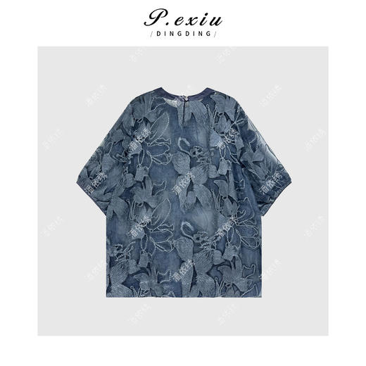 03-4潘依绣丁丁宠粉【蓝花楹】100%桑蚕丝高级感绣花短袖衬衫J505585 商品图2