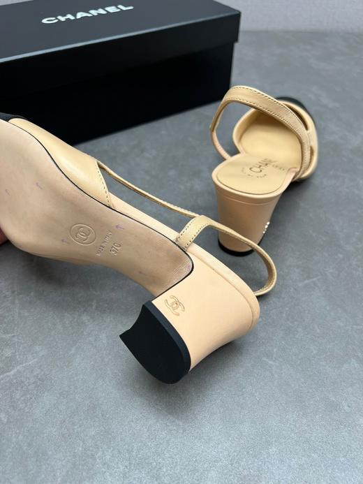 小香家新款小香风凉鞋女粗跟包头高跟真皮凉鞋侧空浅口拼色女鞋 商品图7