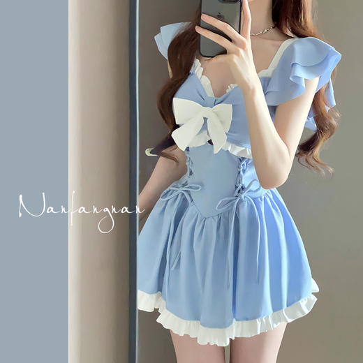 泳衣女连体夏季新款保守遮肚甜美牛油果裙式平角感游泳衣 商品图5