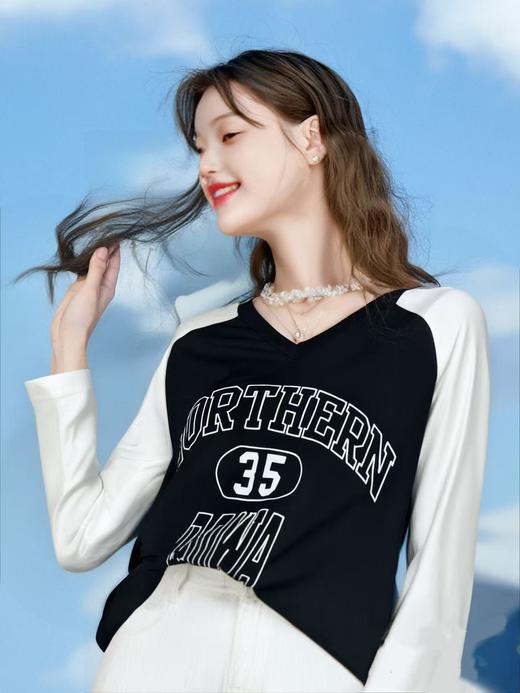 【诗铭洛可】0760V领字母35长袖T恤A16-3 商品图0