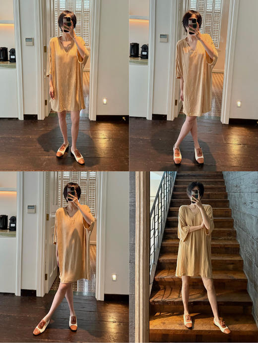 HIDEMI度假系列极简慵懒v领大廓形中长款T恤裙 商品图1