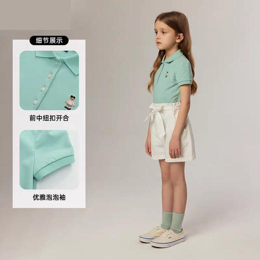 学院风！2025夏季新款中大童短袖女童网眼翻领polo衫纯棉卡通刺绣小熊童T恤 商品图4
