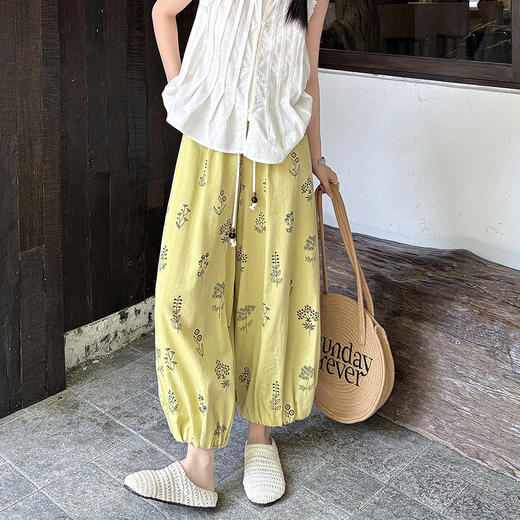 百媚生 棉质法式印花棉八分裤阔腿灯笼裤L5572 商品图3
