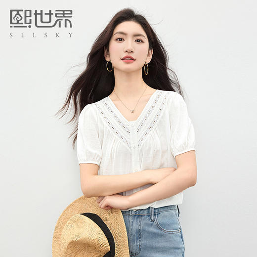 【专属特价】熙世界淡人穿搭花边V领白衬衫女夏季轻薄透气泡泡袖上衣2025新款 商品图0