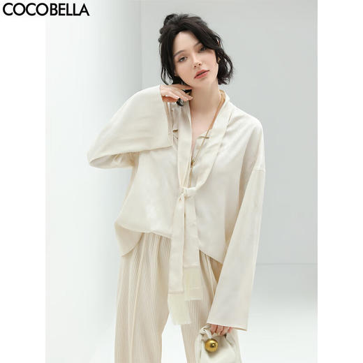 COCOBELLA暗纹提花流苏飘带衬衫女秋丝滑缎面通勤衬衣SR925 商品图0