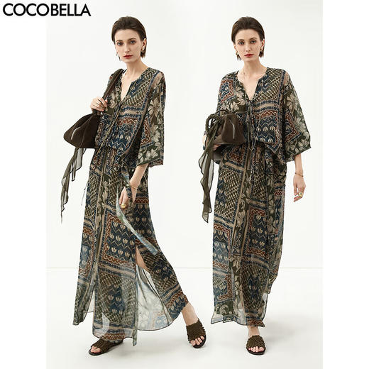 COCOBELLA复古度假风波普花卉飘带半身裙开叉浪漫长裙HS0045B 商品图0