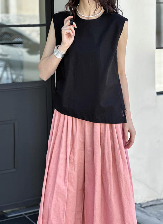 百媚生 夏季圆领无袖侧边抽褶极简亚麻套头衬衫背心5572 商品图6